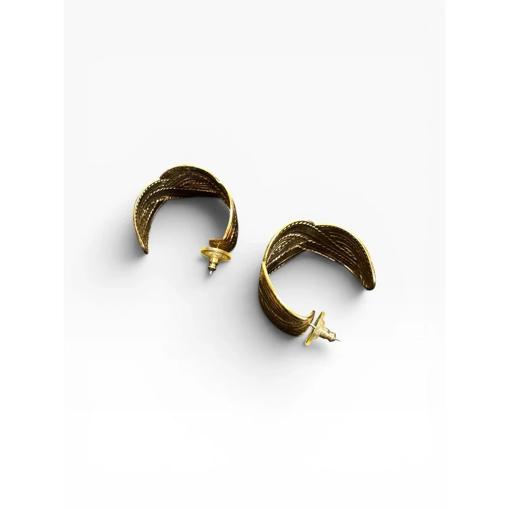 Post Hoop Earrings Gold Tone Textured Chunky Statement Vintage Style